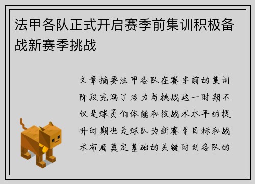 法甲各队正式开启赛季前集训积极备战新赛季挑战