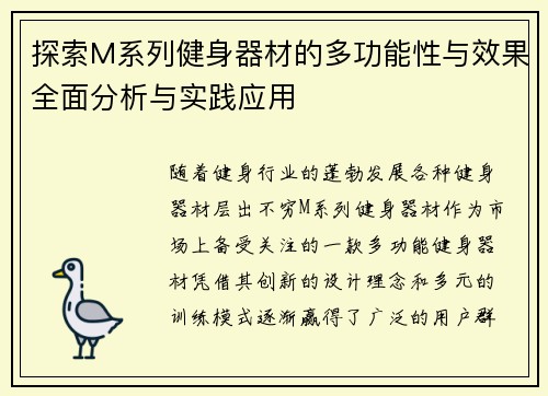 探索M系列健身器材的多功能性与效果全面分析与实践应用