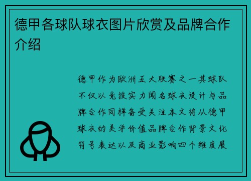 德甲各球队球衣图片欣赏及品牌合作介绍